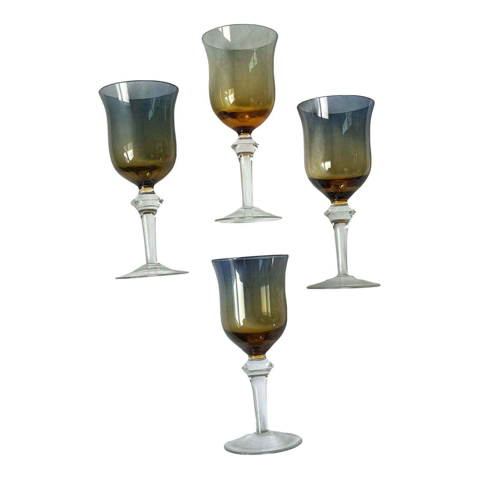 1970s Denby Hand Blown Crystal Aurora Blue & Amber Ombré Set of 4 Water ...