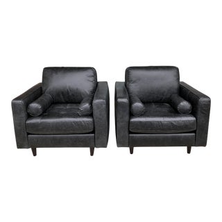 Pair of Luke Leather Bomber Black Club Chairs For Sale
