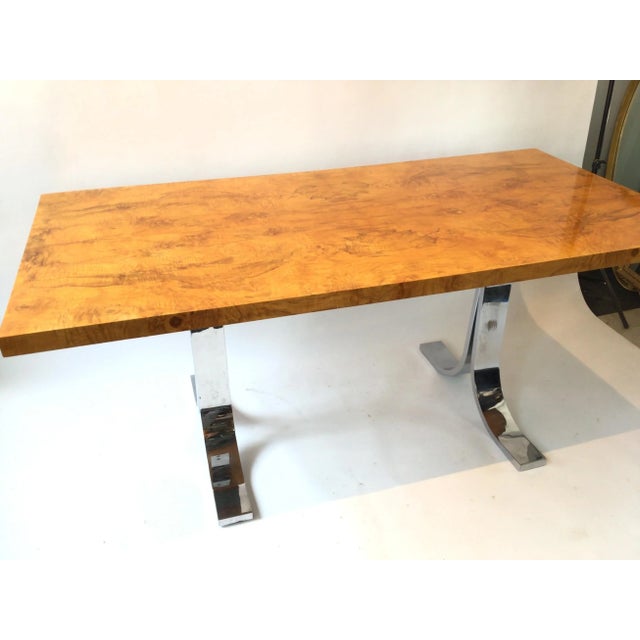1980s 1980s Milo Baughman Style Burl Wood Dining Table / Desk with Chrome Base For Sale - Image 5 of 13
