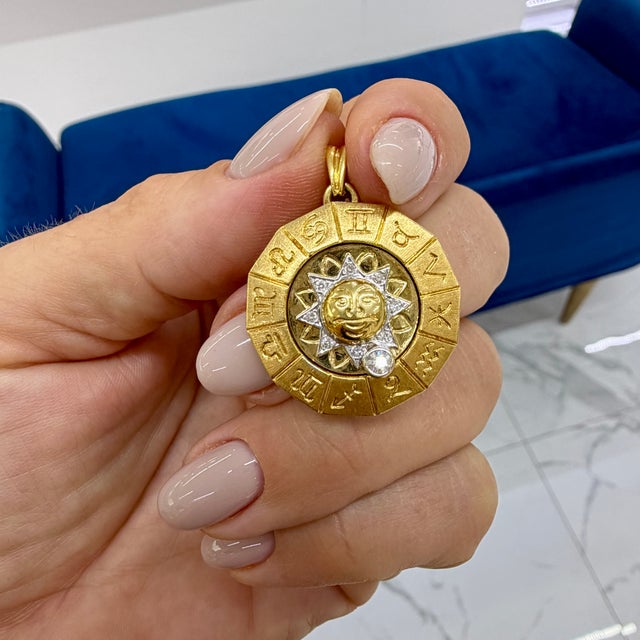 Gold 18k Yellow & White Gold Rotating Zodiac Sign Diamond Sun Motif Medal Pendant For Sale - Image 8 of 8