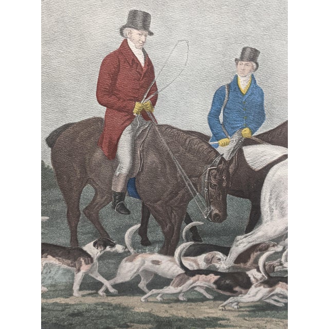 Large Vintage “The Earl of Derby’s Stag Hounds” Equestrian Artwork, Custom Framed Blue, Cream, Red For Sale - Image 12 of 18
