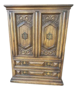 Spanish Colonial Revival Vintage Carved Solid Oak Gentleman's Chest or Armoire Crafted in North Carolina by United Furniture