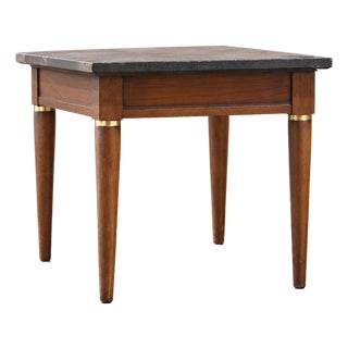 Mid-Century-Modern-Side-Table | Black Marble Look Top and Brass Collars For Sale