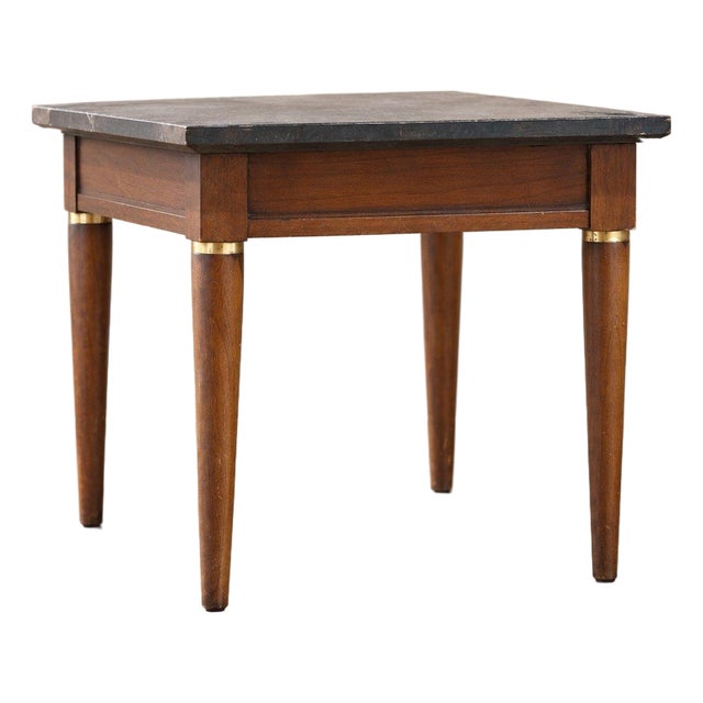 Mid-Century-Modern-Side-Table | Black Marble Look Top and Brass Collars For Sale