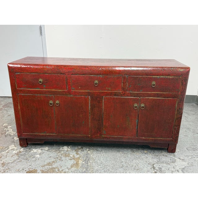 Design Plus Gallery presents a Vintage Asian Style Sideboard. A constructed from solid wood and coated in red distressed...