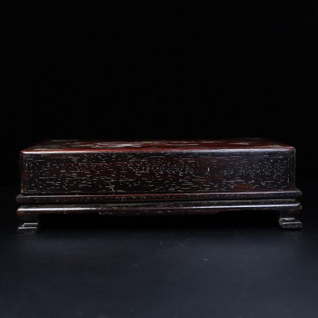 This is an exquisite vintage Chinese Zitan (Rosewood) box, featuring a hinged lid decorated with fine Mother-of-Pearl...