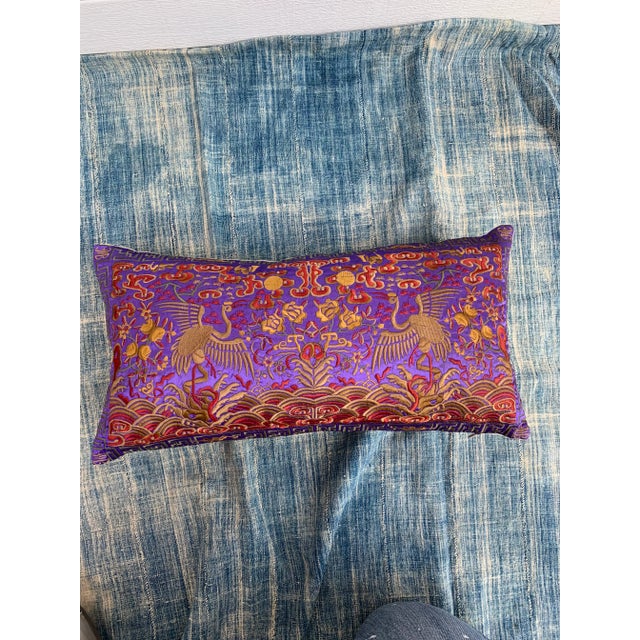Hollywood Regency Purple & Gold Asian Chinoiserie Silk Crane Lumbar Boudoir Pillow For Sale In Los Angeles - Image 6 of 13