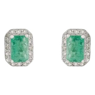 1.13 Carat Octagon Cut Emerald & Halo Diamond Stud Earrings- 2 Pieces For Sale