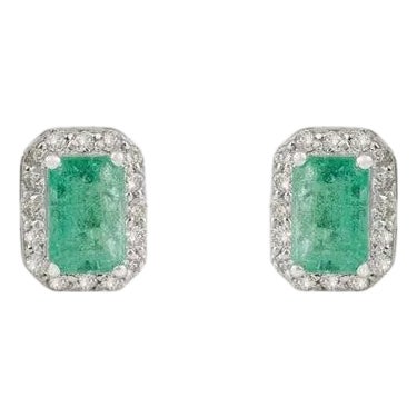 1.13 Carat Octagon Cut Emerald & Halo Diamond Stud Earrings- 2 Pieces For Sale