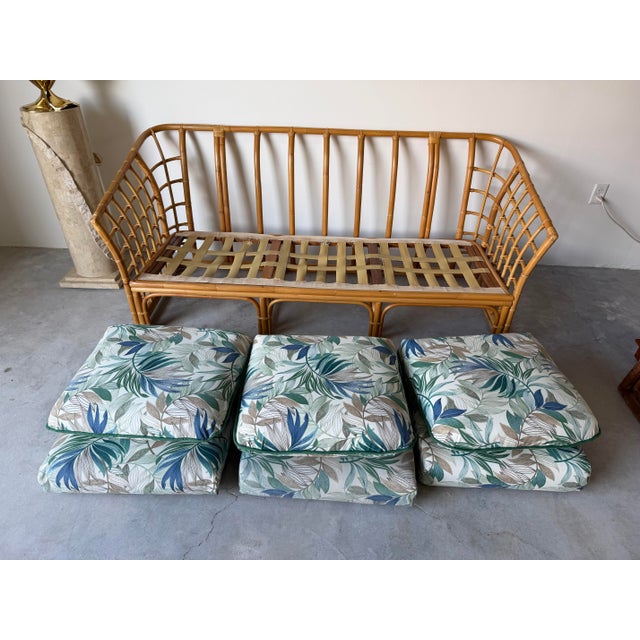 Vintage Ficks Reed Style Bamboo Rattan Sofa With Floral Print Upholstery For Sale - Image 4 of 12