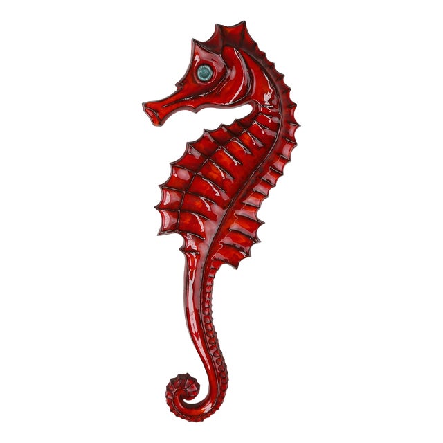 Belgian Ceramic Red Seahorse Plaque by André Bayer, 1960s For Sale