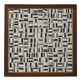 Vintage Black + White Glazed Ceramic Tile Artwork in Teak Frame, Circa 1950s For Sale