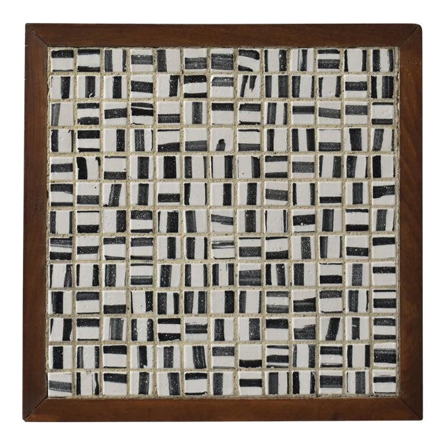 Vintage Black + White Glazed Ceramic Tile Artwork in Teak Frame, Circa 1950s For Sale