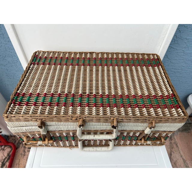 Wood Vintage Wicker and Vinyl Rattan Picnic Basket Red Green and White Picnic Basket Suitcase For Sale - Image 7 of 12