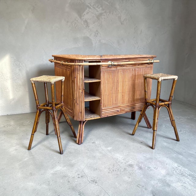 Mid-Century French Bamboo Tiki Bar with Stools, 1960s, Set of 3 For Sale - Image 10 of 10