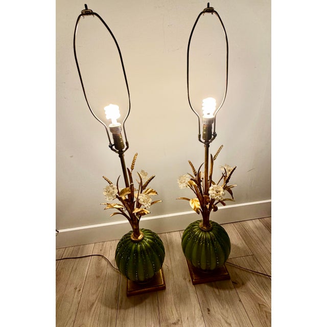 1950s Mid 20th Century Italian Murano Green & Gold Glass Floral Table Lamps - A Pair For Sale - Image 5 of 10
