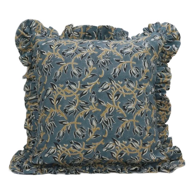 Fabdivine Decorative Block Print Frill Cushion Cover Blue 22x22 Inch Thick Linen- Kamal Dutta For Sale