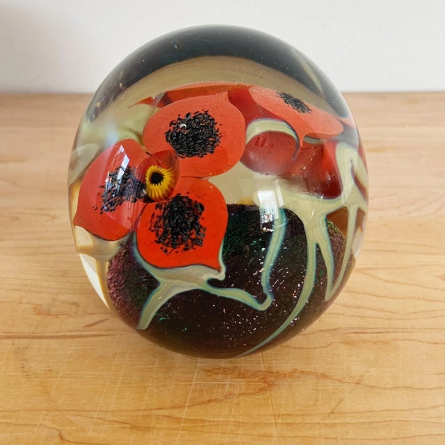 Vintage Mouth Blown Glass Paper Weight With Red Flowers by Robert Eickholt For Sale In Los Angeles - Image 6 of 9