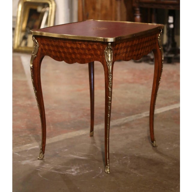 19th Century French Louis XV Walnut Marquetry Side Table With Leather Top For Sale - Image 9 of 9