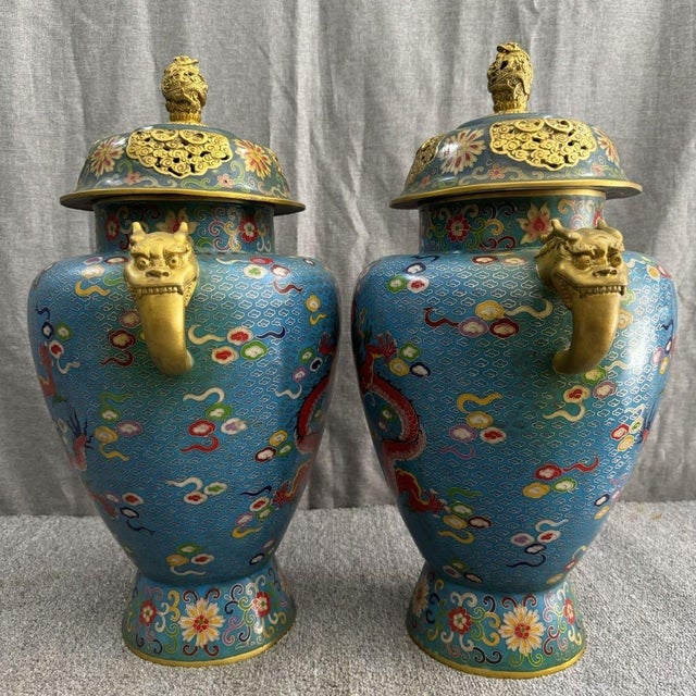 Exquisite Pair of Chinese Cloisonné Enamel Dragon General Jars With Beast Handles & Lids - 20" Tall For Sale - Image 4 of 8