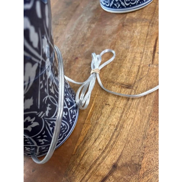 Ceramic Contemporary Blue and White Ikat Pattern Ralph Lauren Over-Sized Jar Lamps With White Linen Shades, a Pair For Sale - Image 7 of 8