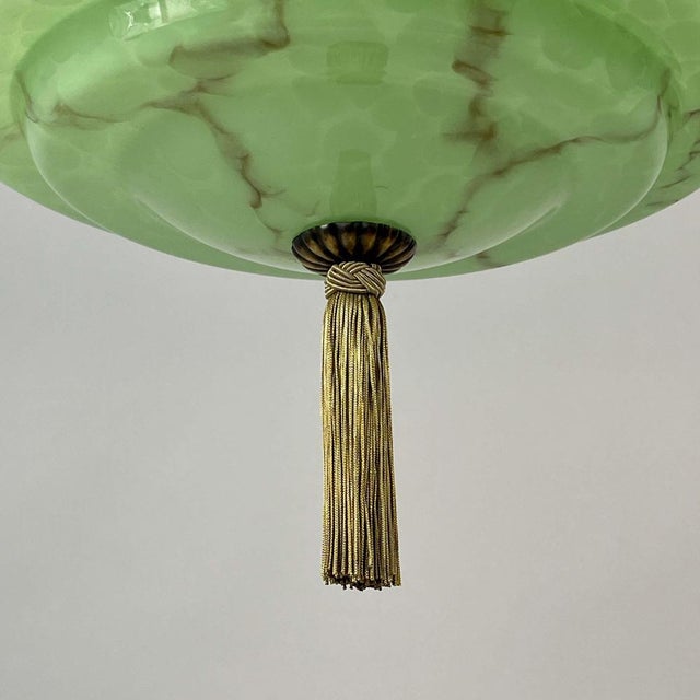 Green Marbled Opaline and Burnished Brass Pendant with Tassel, Germany, 1930s For Sale - Image 10 of 17