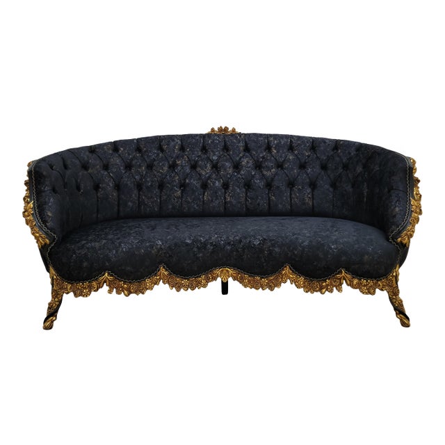 1950s Midnight Royale Tufted Sofa | Black & Gold Baroque Statement Couch | Victorian Glam Living Room Sofa For Sale