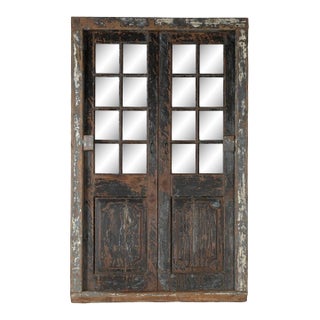 Antique Indian Painted Teakwood and Glass Door With Frame, C. 1900 For Sale