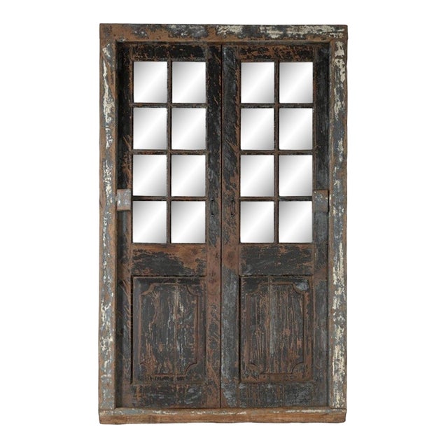 Antique Indian Painted Teakwood and Glass Door With Frame, C. 1900 For Sale