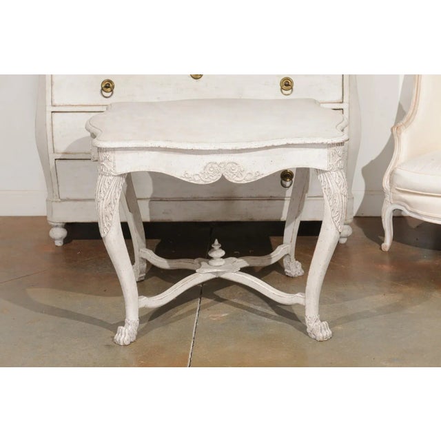1850s Swedish Painted Center Table with Carved Volutes and Cross Stretcher For Sale - Image 11 of 12