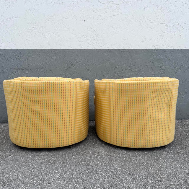Vintage Mid Century Yellow Tufted Swivel Barrell Chairs With Pink Purple and Blue Stripes - A Pair For Sale - Image 10 of 12