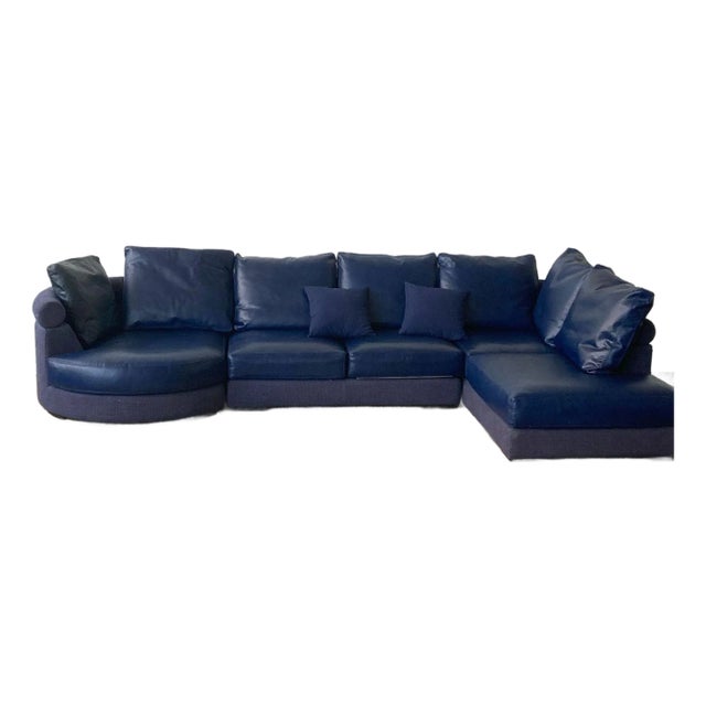 Roche Bobois Blue Leather Sectional Sofa For Sale