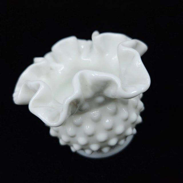 Hobnail Ruffled Edge Fenton Double Crimped Vase. Mid-century Fenton milk glass, hobnail and scalloped edges. No maker...