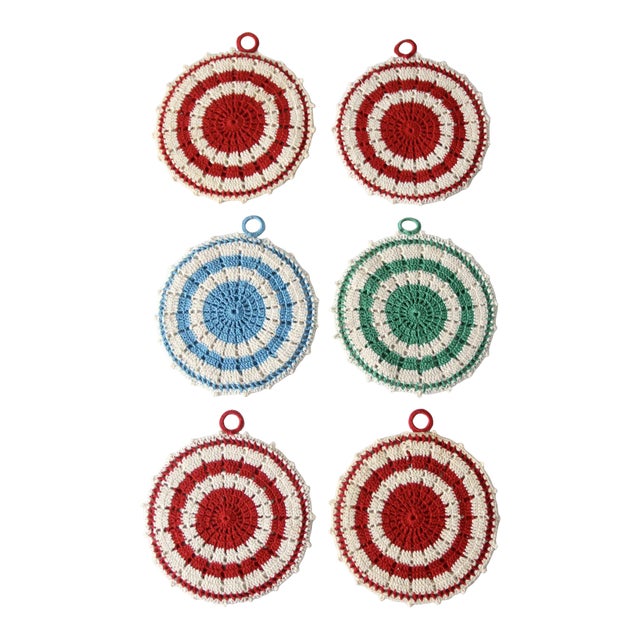 Vintage Handmade Crotchet Pot Holders Set of 6 For Sale