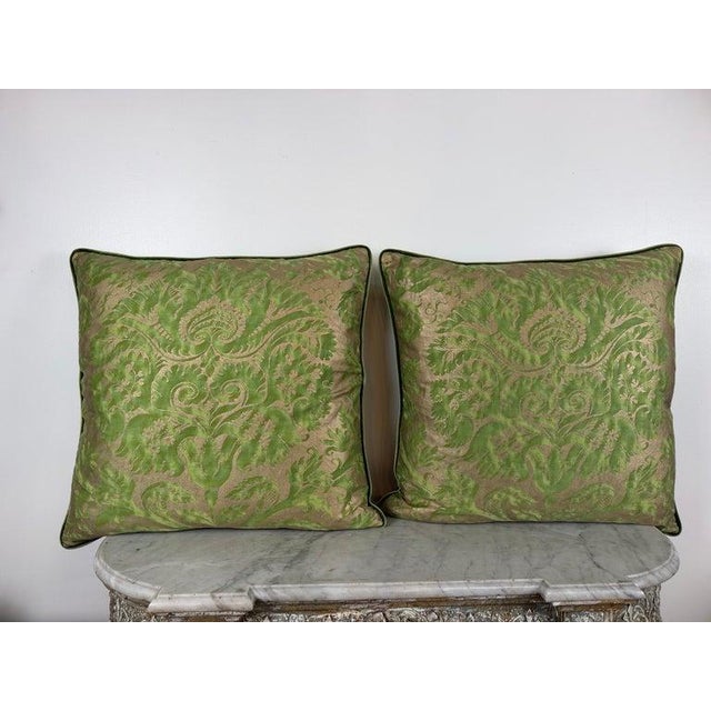 A rare and opulent pair of custom pillows in the manner of Mariano Fortuny, rendered in the highly coveted Glicine...