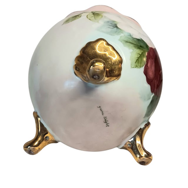VTG Floral Handpainted Porcelain Jardiniere Rose Bowl Vase Gold Three Footed 5" For Sale - Image 11 of 17