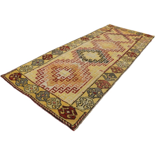 Vintage Turkish Oushak Runner with Mid-Century Modern Style 03'10 x 09'06. Dazzling like a tilt a whirl of flower petals,...