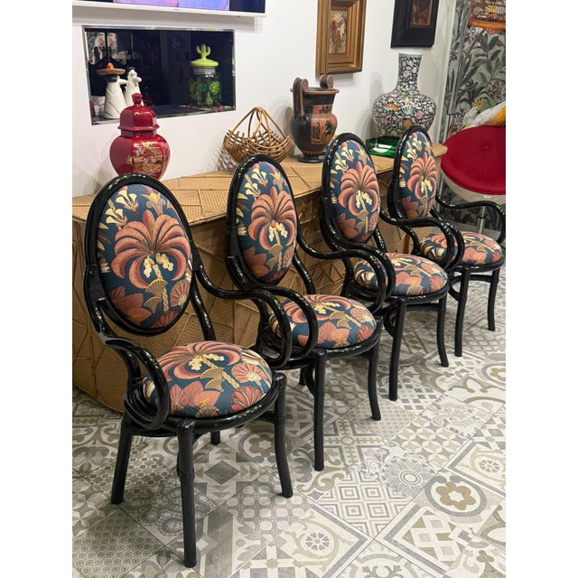 Wood Black Lacquered Bamboo Chairs with Floral Fabric by Vivai Del Sud, 1970, Set of 4 For Sale - Image 7 of 11