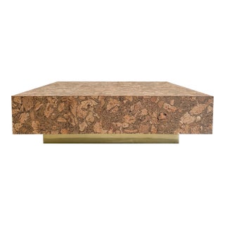1970s Vintage Postmodern Cork Square Pedestal Brass Base Coffee Table For Sale