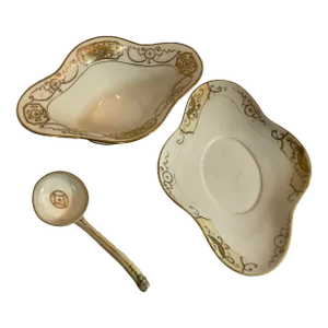 Vintage Hand Painted Nippon Moriage 3-Piece Gravy Boat Set