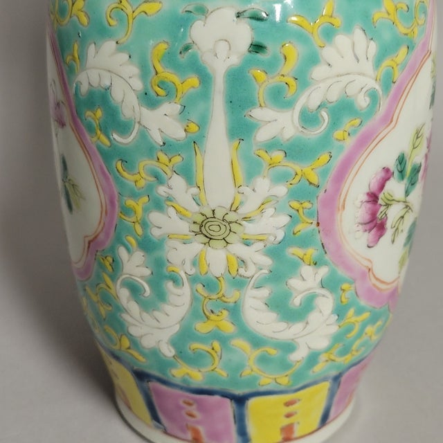 Turquoise Pair of Chinese Famille Rose Porcelain Vases With Peony Medallions, Circa 1900 For Sale - Image 8 of 10
