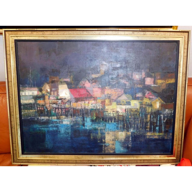 MidCentury Style Abstract Nightscape Painting by Jean Kalisch, Framed