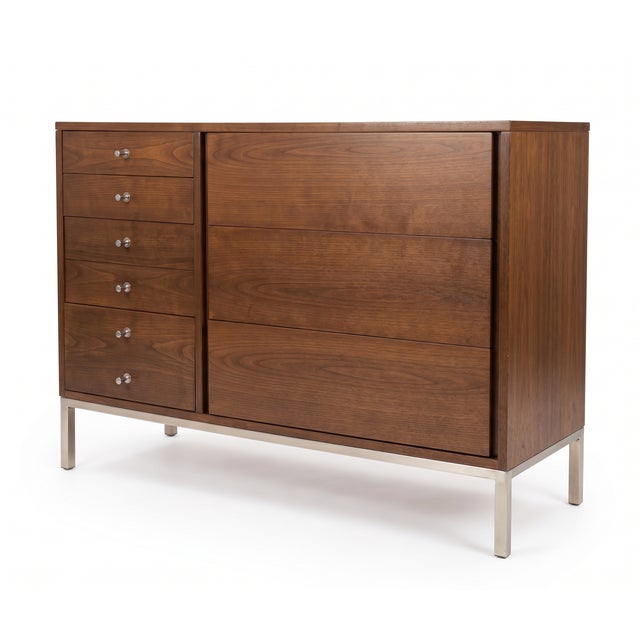 John Stuart walnut Mid-Century Modern credenza dresser. Four drawers on left-hand side (two small, two deep with double...