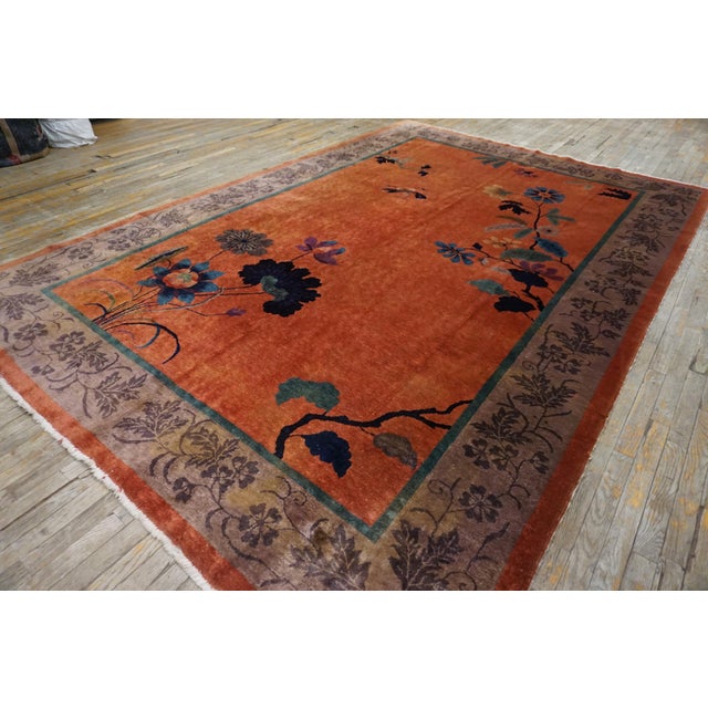 1920s Orange Floral Modern Antique Chinese Art Deco Rug 7' 10"x11' 6" Hand Knotted Carpet For Sale - Image 12 of 13