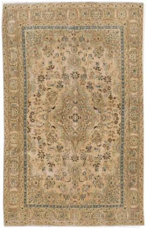 Vintage Persian Tabriz Beige Handmade Medallion Wool Rug