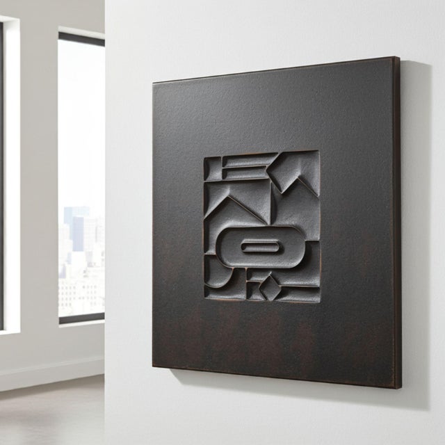 Contemporary Tohqio — Matte Black Wall Sculpture, Geometric Relief Carved on Patinated Wood Composite For Sale - Image 3 of 3