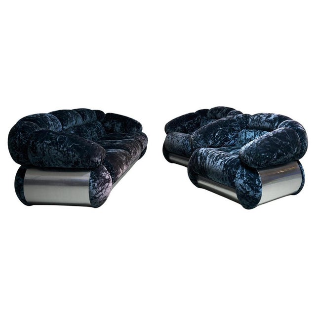 Seating Group in Blue Velvet from Piazzesi, 1960s, Set of 3 For Sale - Image 10 of 10