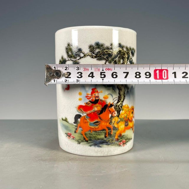 Crackle Glaze Porcelain Brush Pot With Figure on Horseback For Sale - Image 4 of 9