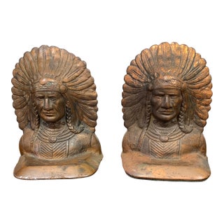 Vintage Cast Iron Native American Indian Chief Headdress 6" Bookends Heavy Solid For Sale
