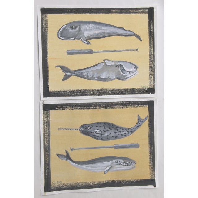 Whale Painted in gray on pale yellow background. Traditional, Minimalism, Folk Art, Pop Art, coastal, nautical. Gouache on...